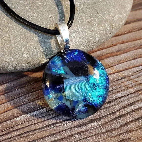 PinkDiva Jewelry - Dichroic Fused Art Glass Round Blue Black Pendant Black Leather Cord Necklace D